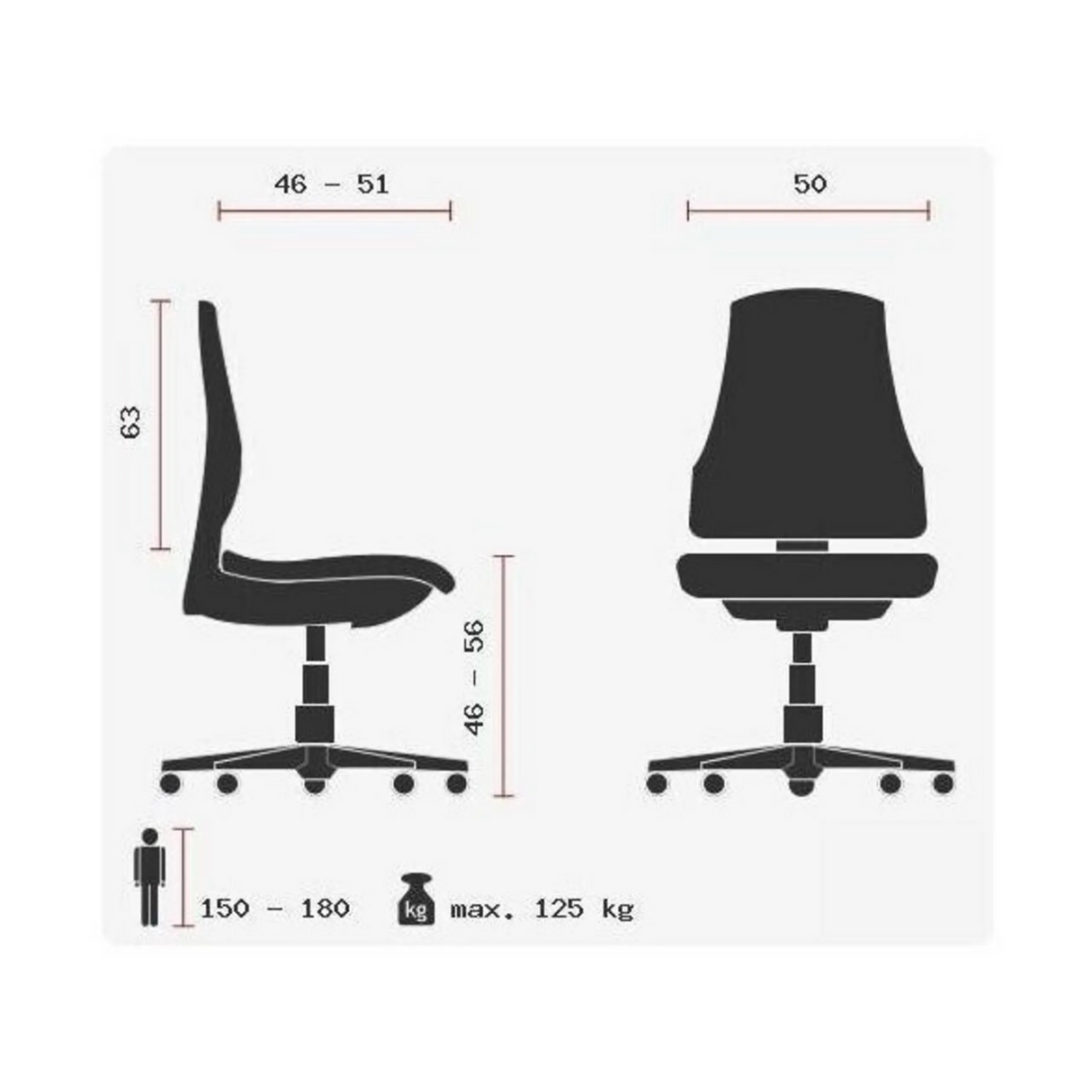 Technische Zeichnung des Profi-Bürostuhls ZERO M15 mit einer maximalen Belastbarkeit von 125 kg von Sitwell Steifensand