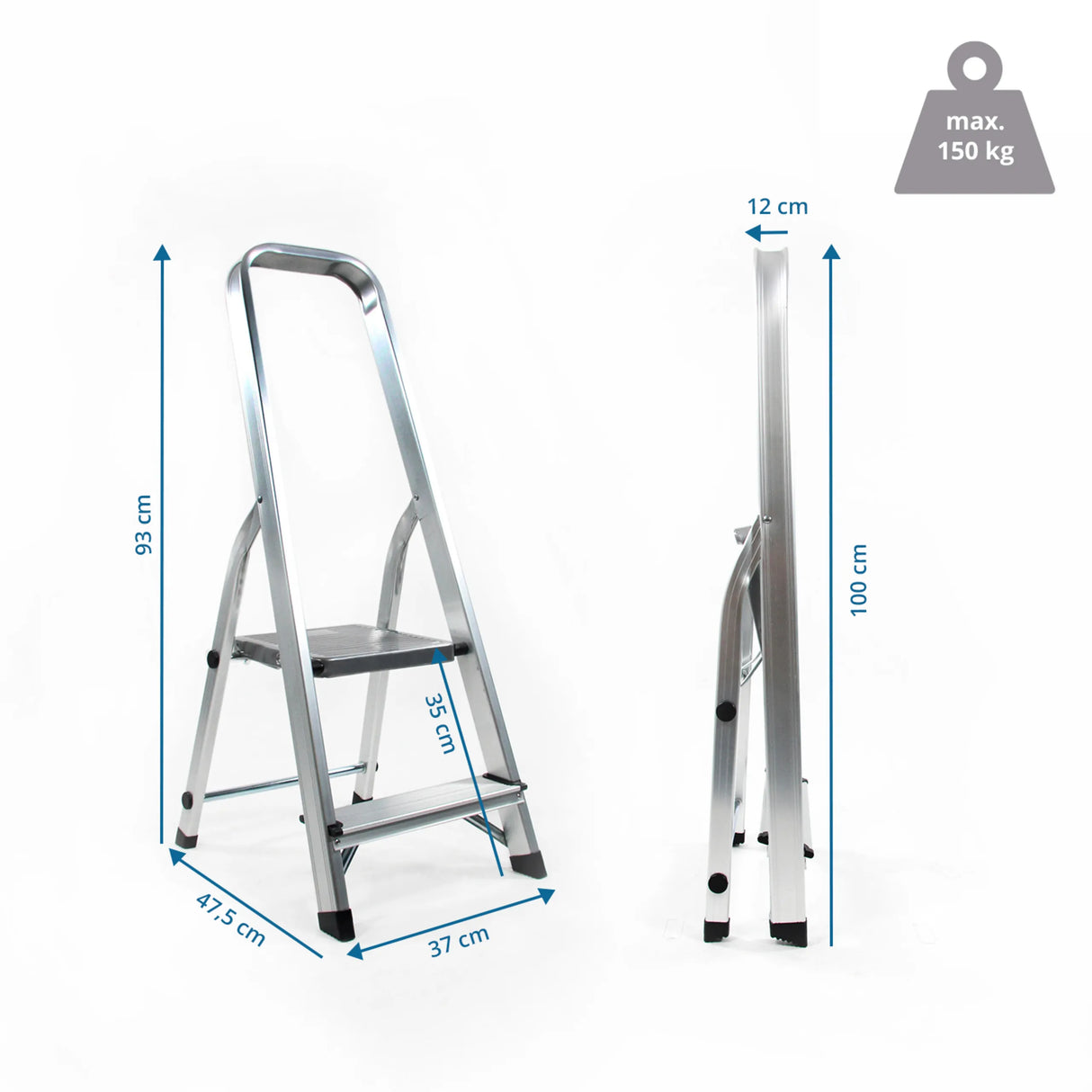 Maßzeichnung der Klappleiter SOLID I mit einer Höhe von 93 cm und einer Traglast von 150 kg von hjh OFFICE