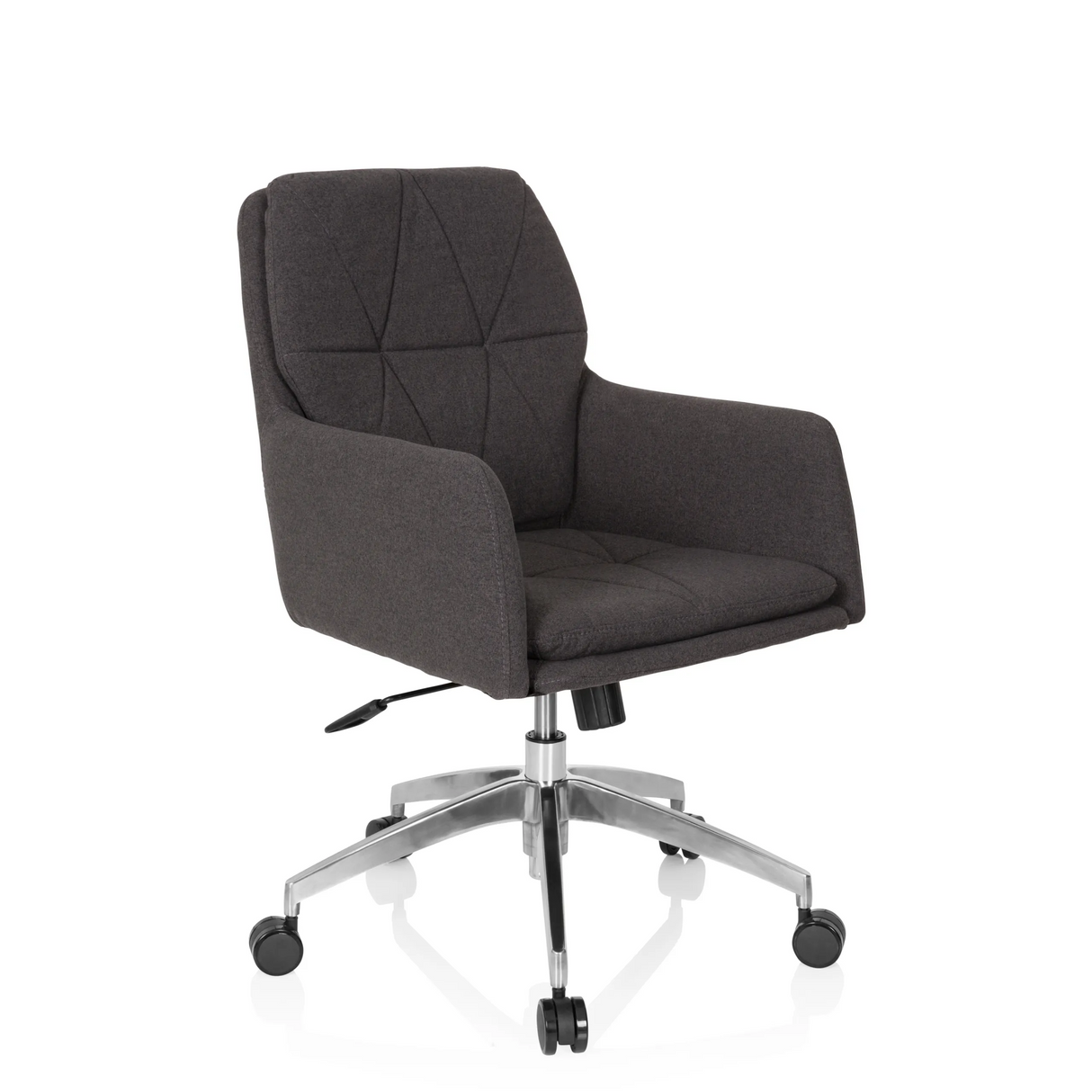 Dunkelgrauer Homeoffice-Bürostuhl SHAKE 350 mit Steppmuster und Fußkreuz mit fünf Rollen von hjh OFFICE – 360-Grad-Ansicht (schräge Frontansicht 40°)
