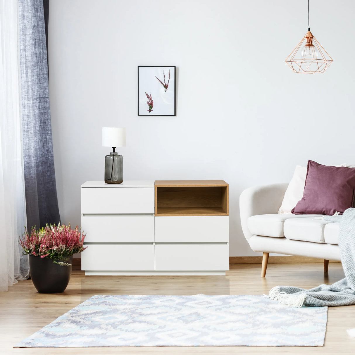 Sideboard MELMO S in Weiß und Eiche mit drei Schubladen und einem offenen Regalfach von hjh LIVING