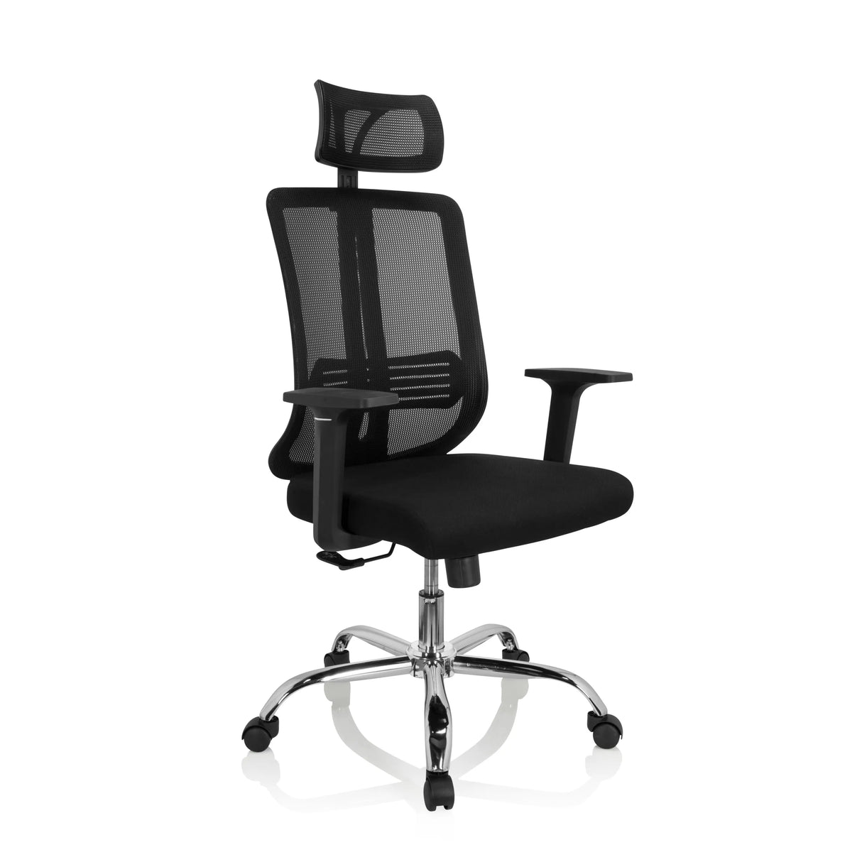 Schwarzer Home-Office-Bürostuhl ZH 200 mit Netzrücken und Fußkreuz mit fünf Rollen von hjh OFFICE – 360-Grad-Ansicht (schräge Frontansicht 40°)