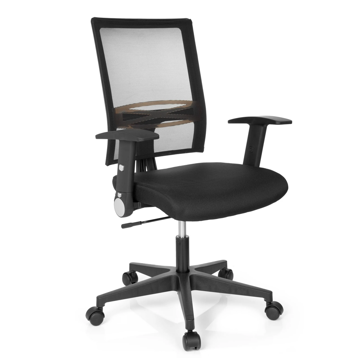 Schwarzer Homeoffice-Bürostuhl OFFICE R8 mit Netzrücken und Fußkreuz mit fünf Rollen von hjh OFFICE – 360-Grad-Ansicht (schräge Frontansicht 40°)