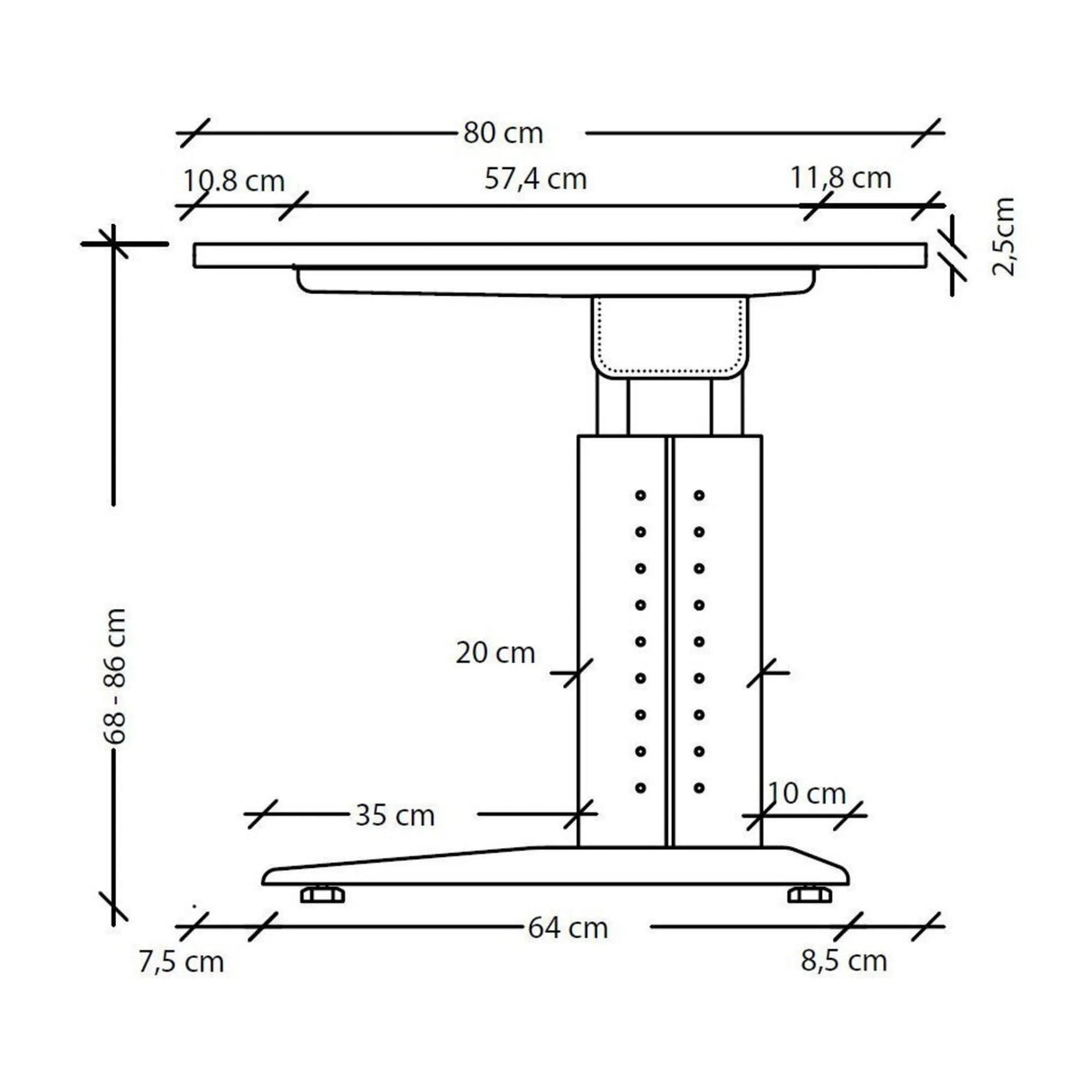 Maßzeichnung des höhenverstellbaren Schreibtischs UNDA 12 S mit einer Breite von 80 cm von hjh OFFICE PRO