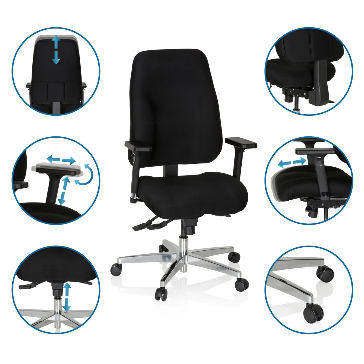 Verstellbare Funktionen des Profi-Bürostuhls ZENIT COMFORT in Schwarz mit Rollen und Armlehnen von hjh OFFICE