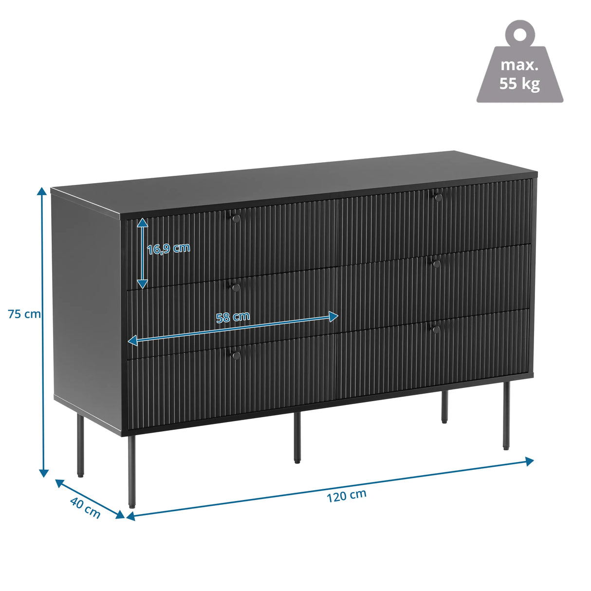 Maßzeichnung des Sideboards KARBY S mit 120 × 40 cm von hjh LIVING