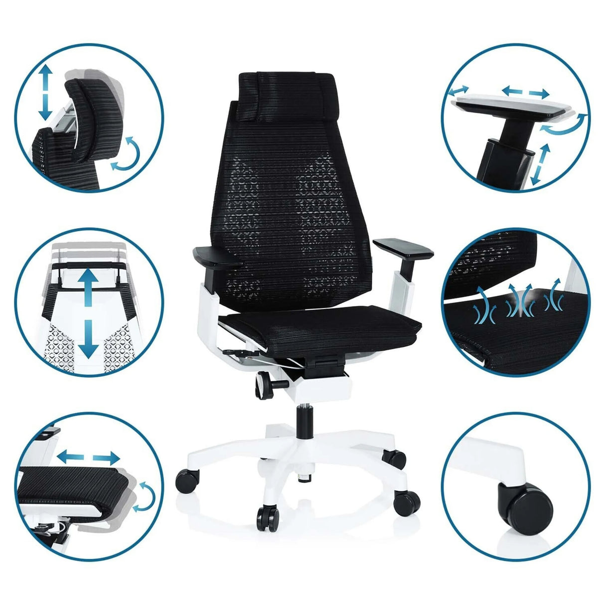 High-End-Bürostuhl GENIDIA PRO WHITE in Schwarz mit verschiedenen Verstellmöglichkeiten und Detailansichten von hjh OFFICE