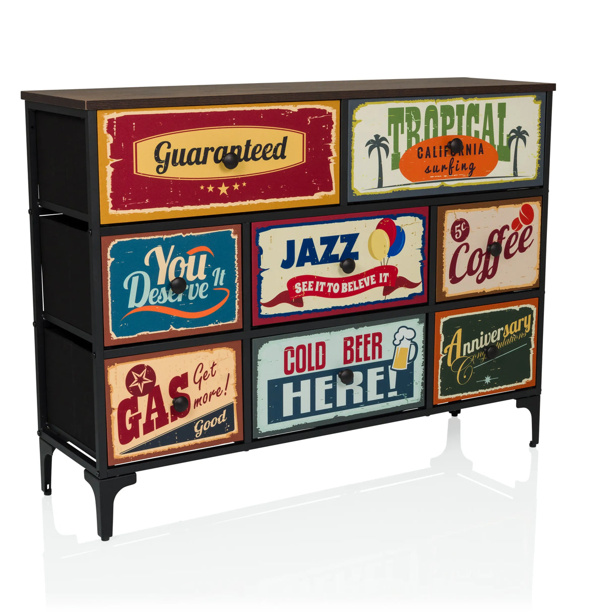 Kommode AMERIKO B mit sechs bunt bedruckten Vintage-Schubladen und schwarzen Beinen von hjh LIVING – 360-Grad-Ansicht (schräge Frontansicht 30°)