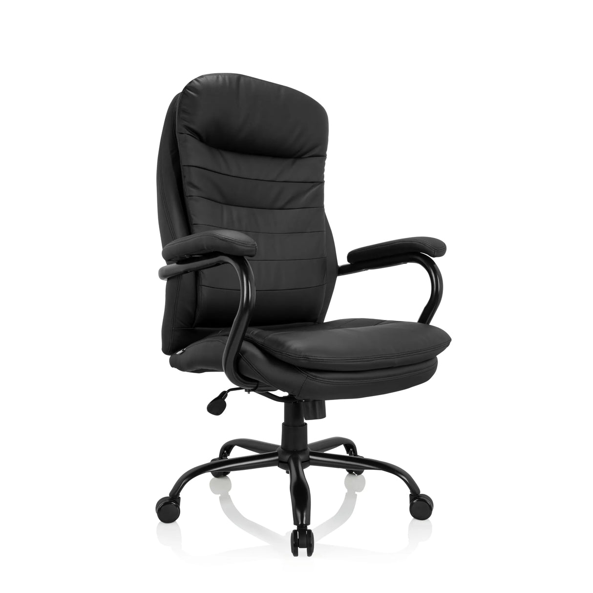 Schwarzer Drehstuhl RELAX XXL B aus Kunstleder mit Fußkreuz und fünf Rollen von hjh OFFICE – 360-Grad-Ansicht (schräge Frontansicht 40°)