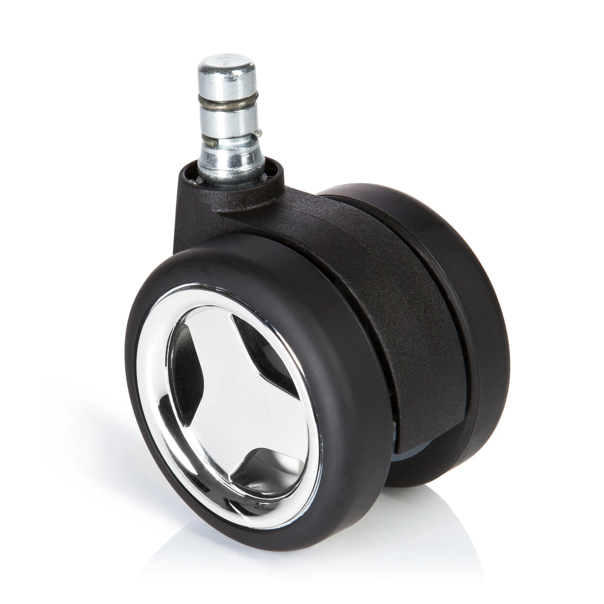 Schwarze Stuhlrolle 5x ROLO GAME No-Noise 11mm/60mm für Hartböden mit Chrom-Details von hjh OFFICE – 360-Grad-Ansicht (Frontansicht 0°)