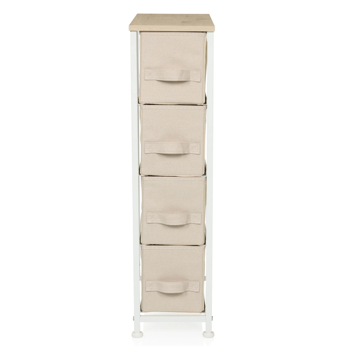 Beige Kommode FOLDRESS S mit vier Stoffschubladen und einer hellen Holzplatte von hjh LIVING – 360-Grad-Ansicht (Frontansicht 0°)