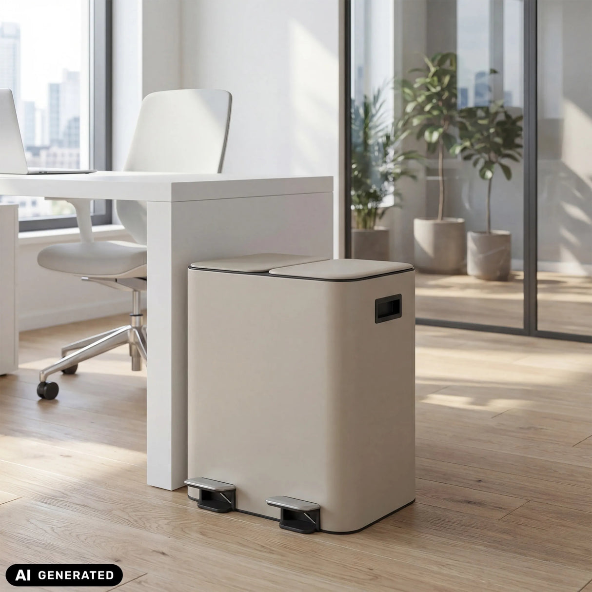 Beiger Mülleimer Clean 10 mit zwei Fußpedalen vor einem Schreibtisch von hjh OFFICE (KI-generiertes Bild)