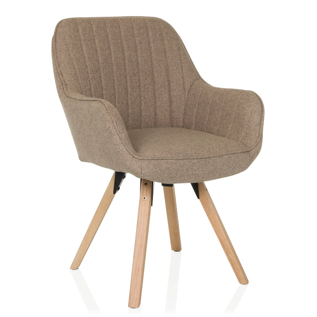 Beiger Polsterstuhl SCANDI SOFT mit strukturiertem Stoffbezug und vier Holzbeinen von hjh LIVING – 360-Grad-Ansicht (schräge Frontansicht 30°)