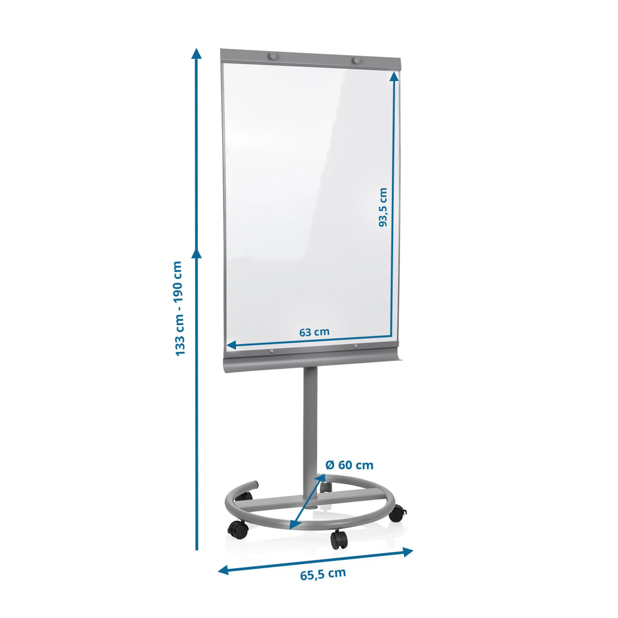 Maßzeichnung des Whiteboards MULTIBOARD mit einer Höhe von 133 bis 190 cm von hjh OFFICE