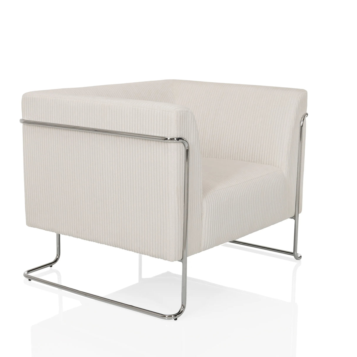Weißer Loungesessel Curacao Cord mit geripptem Bezug und verchromtem Gestell von hjh LIVING – 360-Grad-Ansicht (schräge Frontansicht 45°)