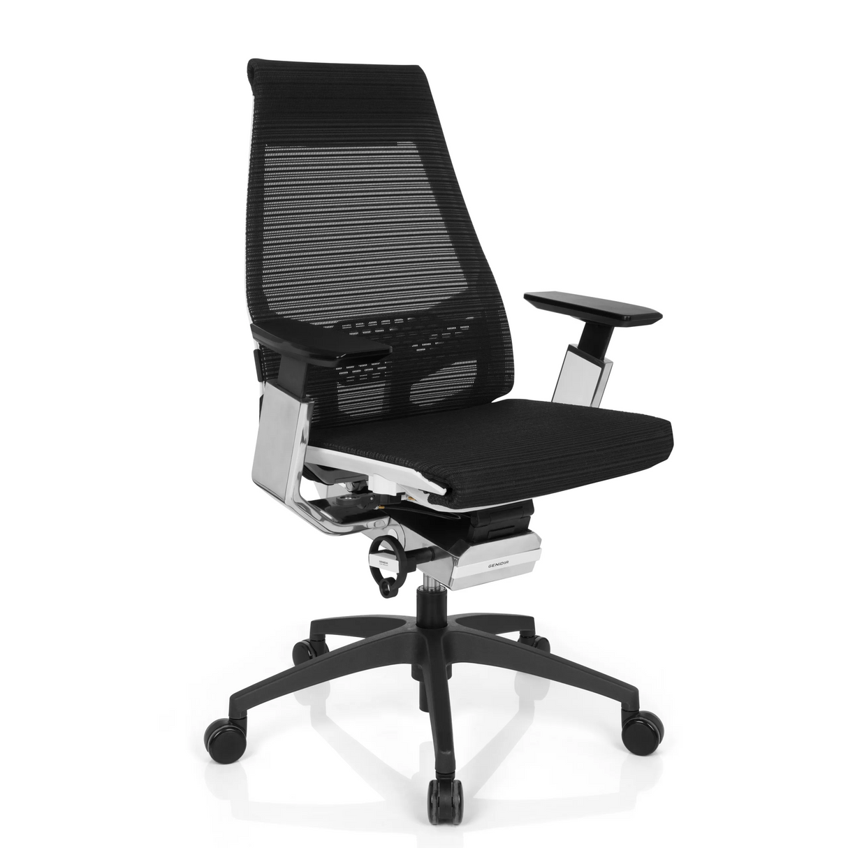 Schwarzer Profi-Bürostuhl GENIDIA SMART WHITE CM mit Netzrücken und Fußkreuz mit fünf Rollen von hjh OFFICE – 360-Grad-Ansicht (schräge Frontansicht 40°)