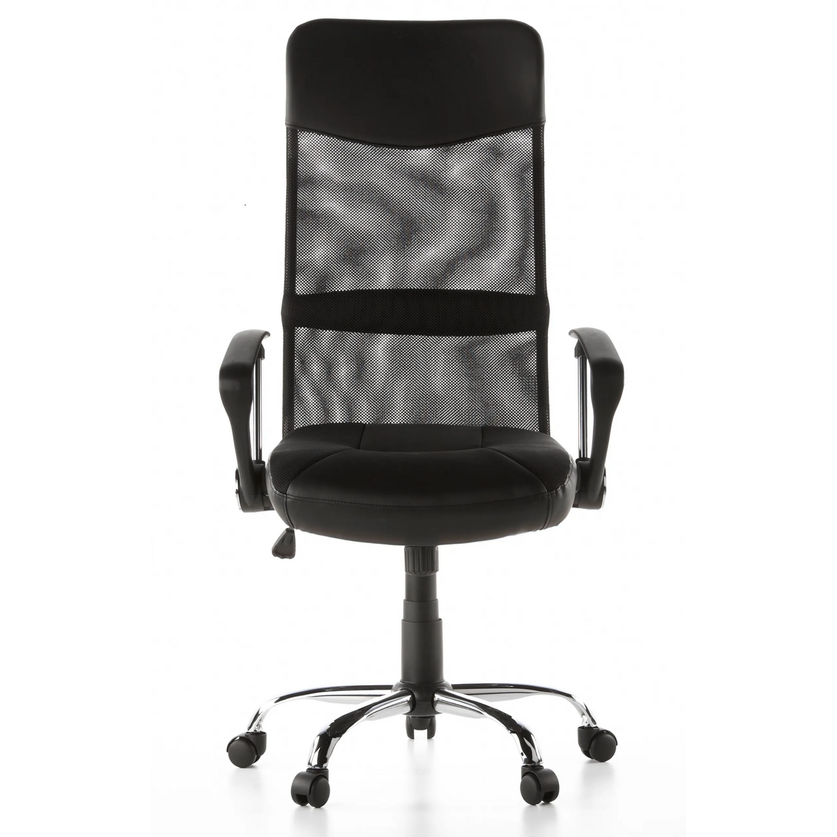 Schwarzer Homeoffice Chefsessel STRYKA mit Netzrücken, Kunstledersitz und Fußkreuz von hjh OFFICE – 360-Grad-Ansicht (Frontansicht 0°)
