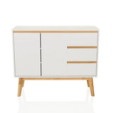 Weißes Sideboard TAROLO I mit drei Schubladen, zwei Türen und Holzbeinen von hjh LIVING – 360-Grad-Ansicht (Frontansicht 0°)