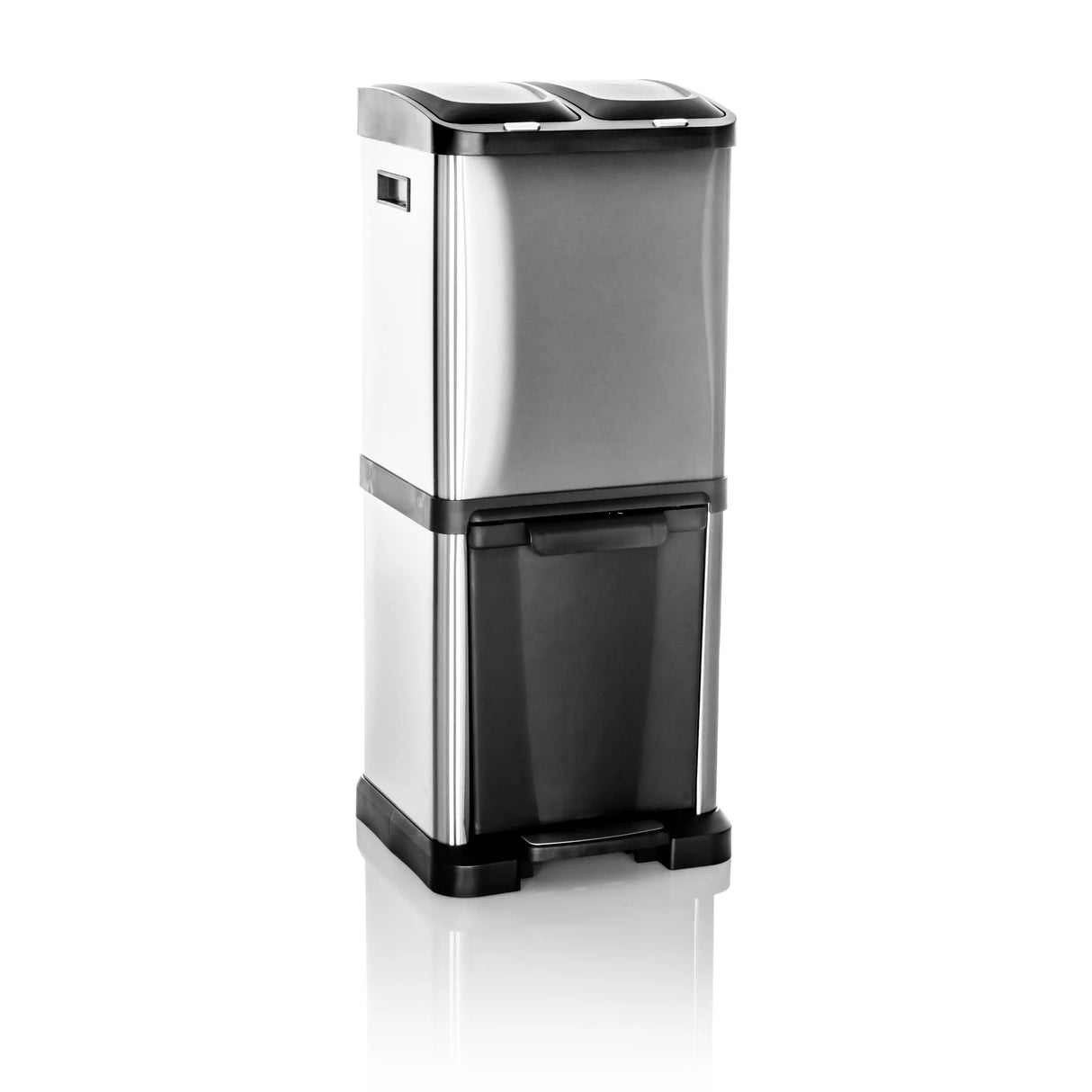 Silberner Mülleimer CLEAN VII mit zwei getrennten Behältern und Fußpedal von hjh OFFICE – 360-Grad-Ansicht (Frontansicht 15°)