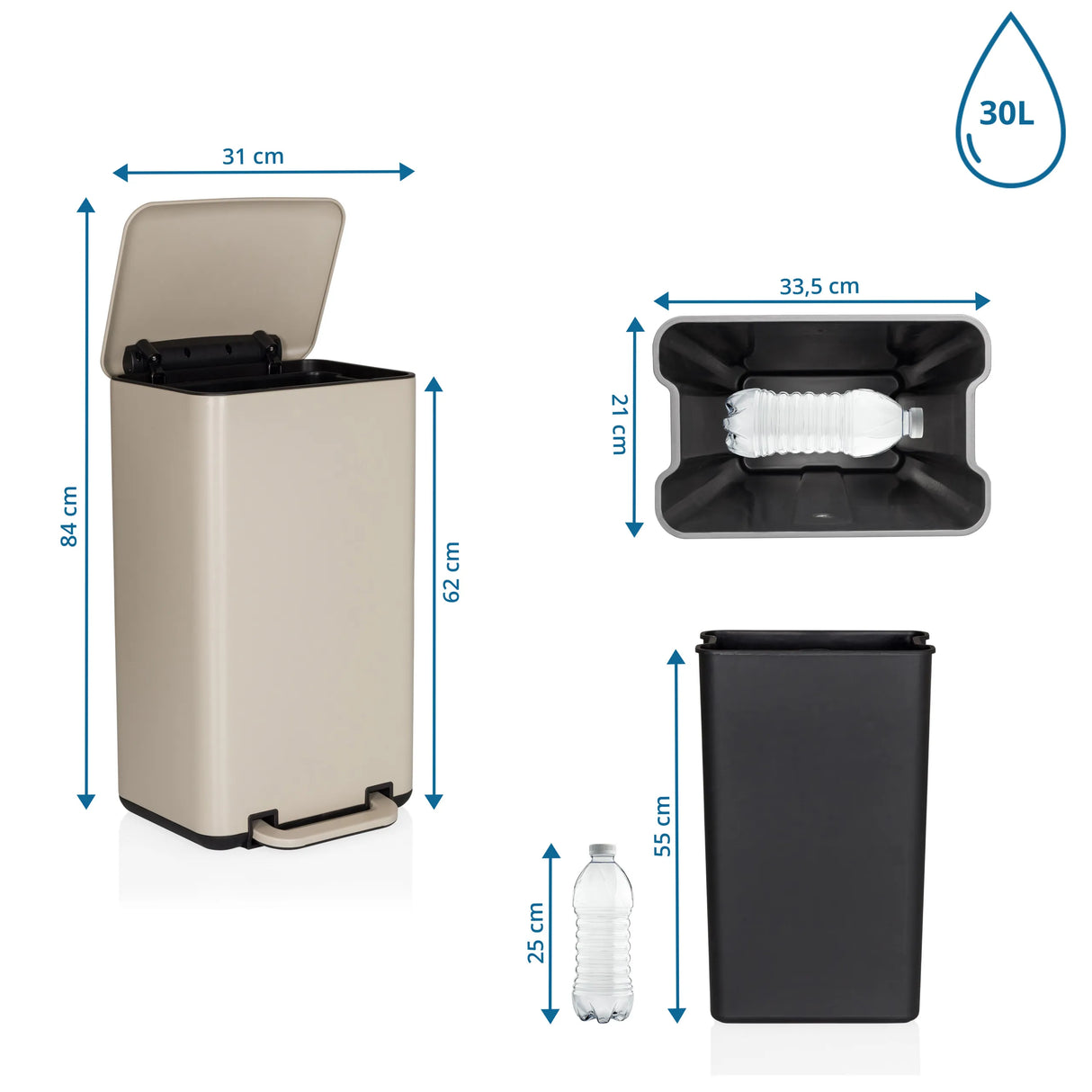 Maßzeichnung des Mülleimers CLEAN BEVA mit 30 l Fassungsvermögen und einer Höhe von 84 cm von hjh OFFICE