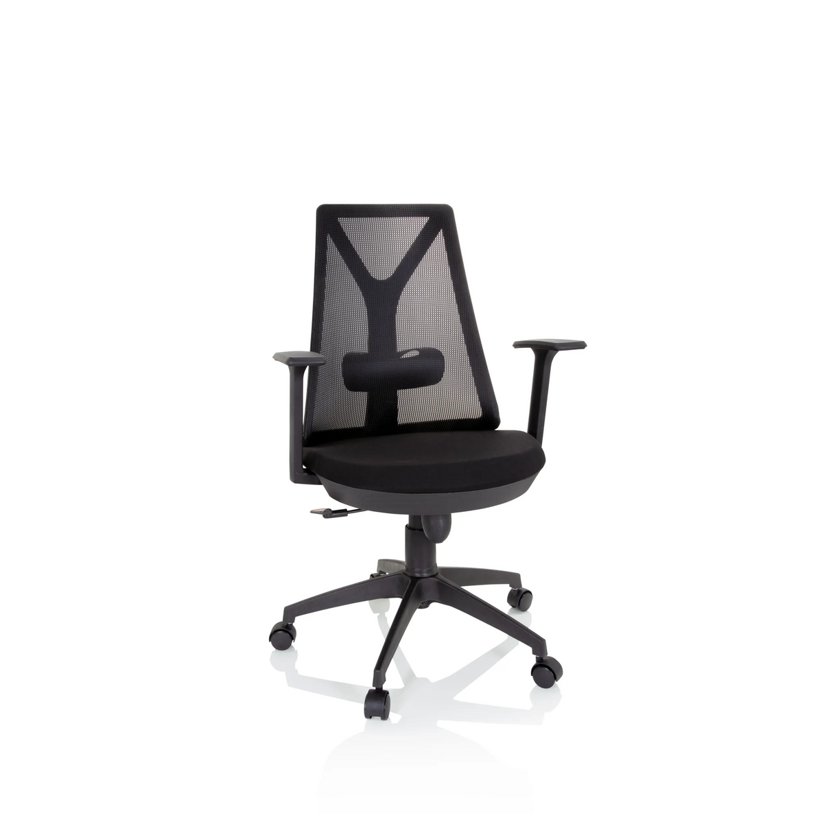 Schwarzer Homeoffice-Bürostuhl FALUN BASIC mit Netzrücken und Fußkreuz mit fünf Rollen von hjh OFFICE – 360-Grad-Ansicht (Frontansicht 20°)