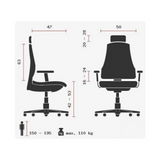 Technische Zeichnung des Profi-Bürostuhls HEAD POINT RS mit einer maximalen Belastung von 110 kg von Topstar