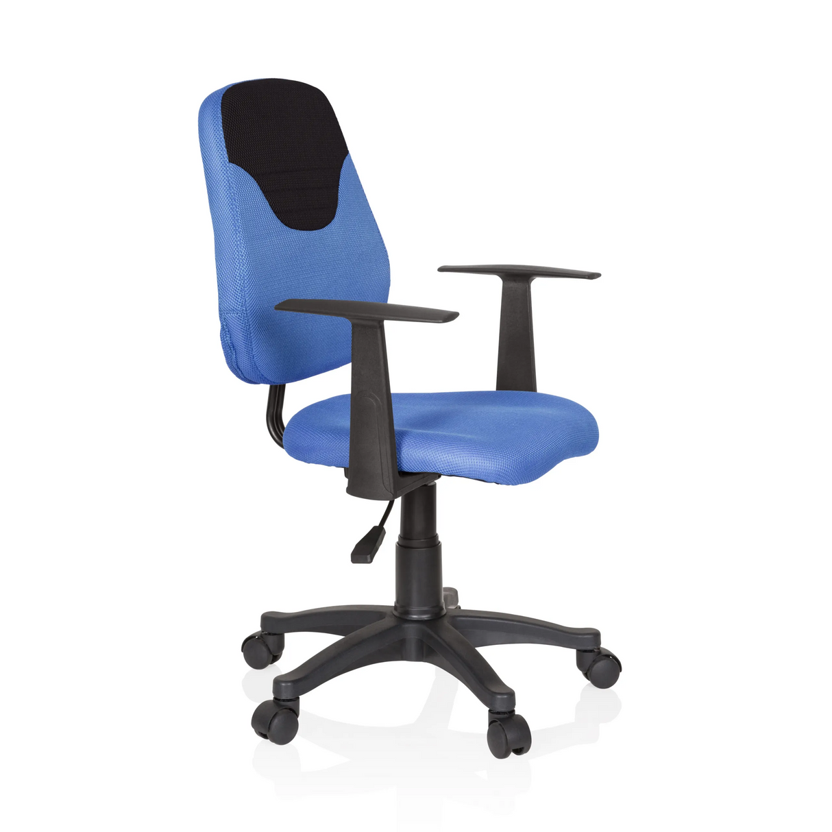Blauer Kinderdrehstuhl KIDDY STYLE mit Netzrücken, Armlehnen und Fußkreuz mit fünf Rollen von hjh OFFICE – 360-Grad-Ansicht (schräge Frontansicht 60°)