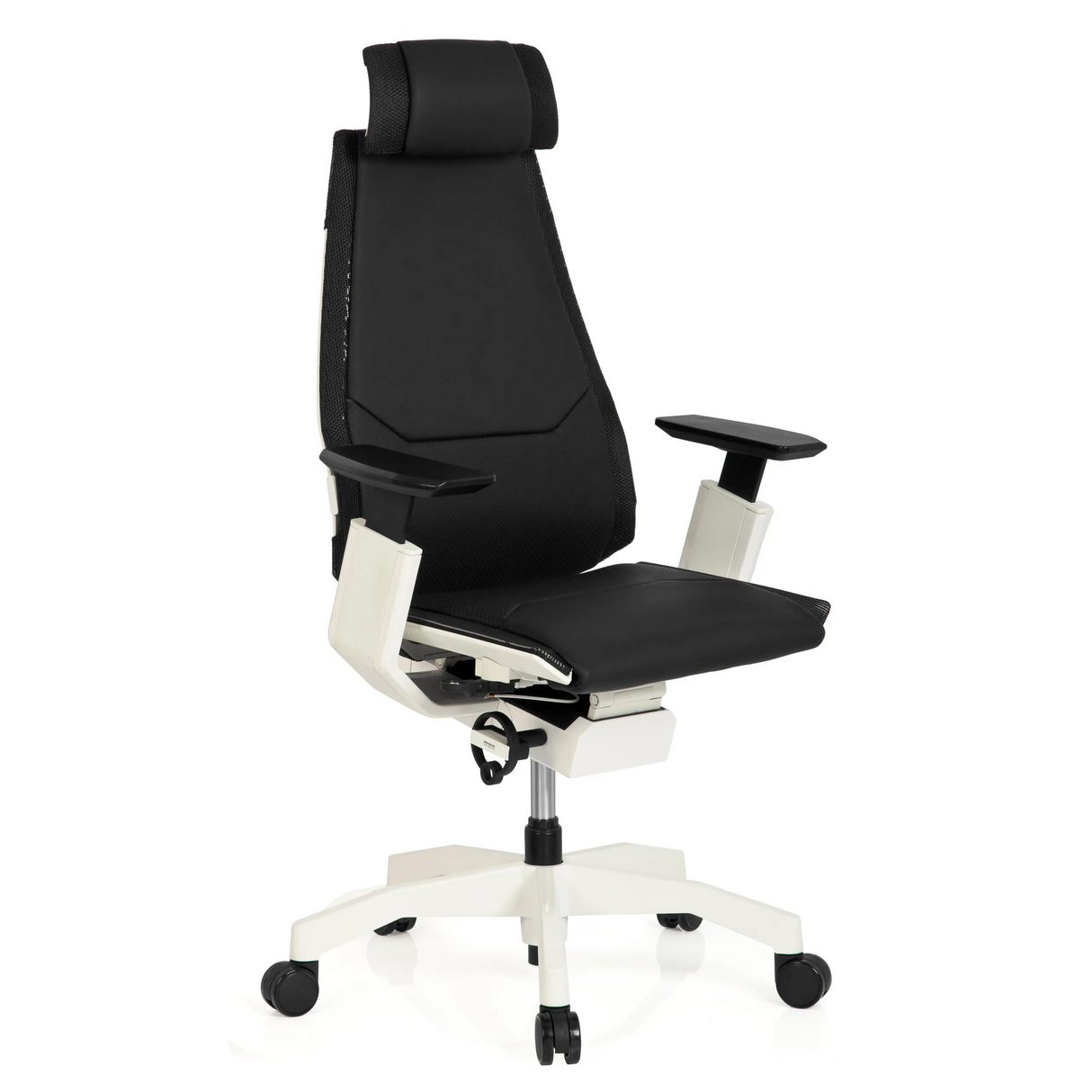 Schwarzer High-End-Bürostuhl GENIDIA PRO WHITE aus Leder mit weißem Fußkreuz und fünf Rollen von hjh OFFICE – 360-Grad-Ansicht (schräge Frontansicht 40°)
