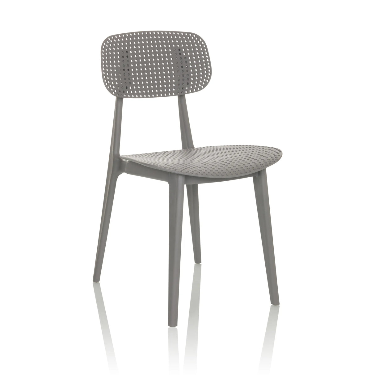 Grauer Outdoor-Stuhl ARTIFO HOL mit perforierter Rückenlehne und Sitzfläche von hjh OFFICE – 360-Grad-Ansicht (schräge Frontansicht 30°)