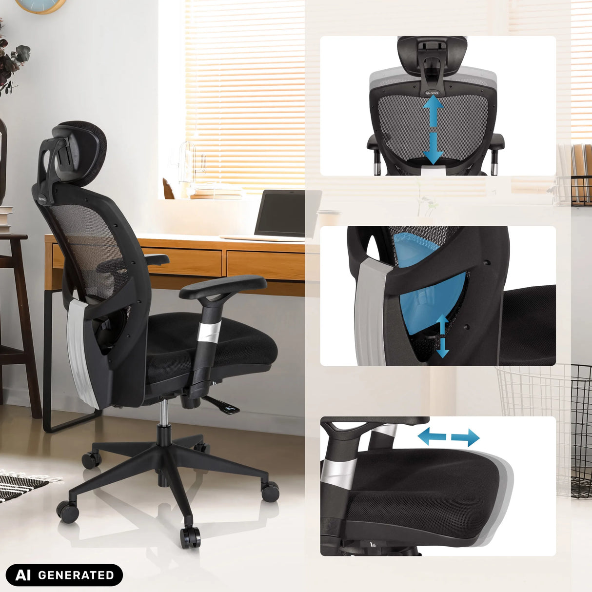 Verstellbare Kopfstütze, Lendenstütze und Sitzfläche des High-End-Bürostuhls VENUS BASE von hjh OFFICE (KI-generiertes Bild)