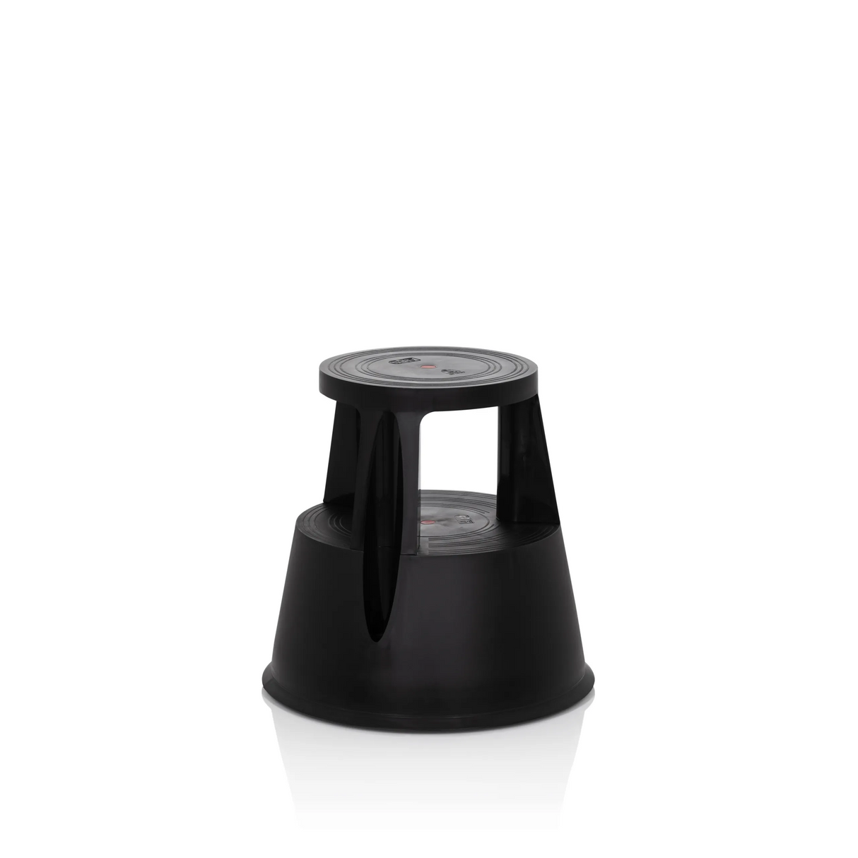 Schwarzer Tritthocker TIO-M I mit runder Trittfläche und konischem Standfuß von hjh OFFICE – 360-Grad-Ansicht (schräge Frontansicht 40°)