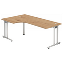 L-förmiger Schreibtisch NANO 82 S in Asteiche mit silbernem Gestell und zwei Kabelauslässen von hjh OFFICE PRO