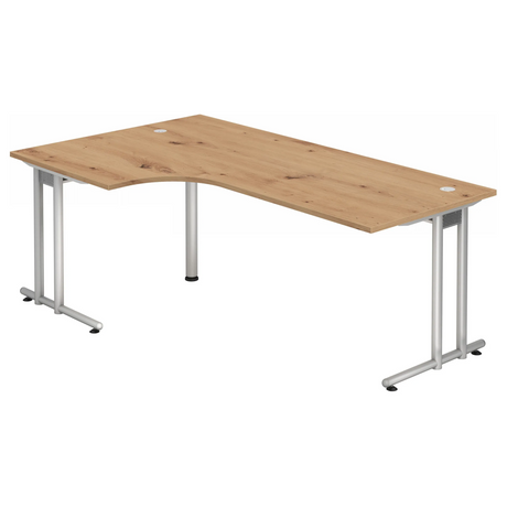 L-förmiger Schreibtisch NANO 82 S in Asteiche mit silbernem Gestell und zwei Kabelauslässen von hjh OFFICE PRO