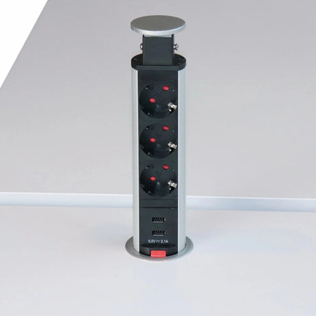 Silberner Steckdosentower ELDO600 aus Aluminium mit drei Steckdosen und zwei USB-Ports von hjh OFFICE PRO