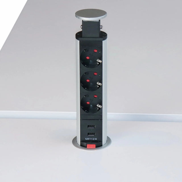 Silberner Steckdosentower ELDO600 aus Aluminium mit drei Steckdosen und zwei USB-Ports von hjh OFFICE PRO