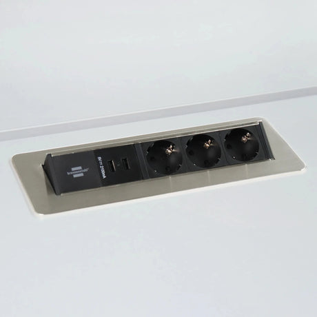 Zubehör ELDUSB0 als silberne Steckdosenleiste aus Aluminium mit drei Steckdosen und zwei USB-Anschlüssen von hjh OFFICE PRO