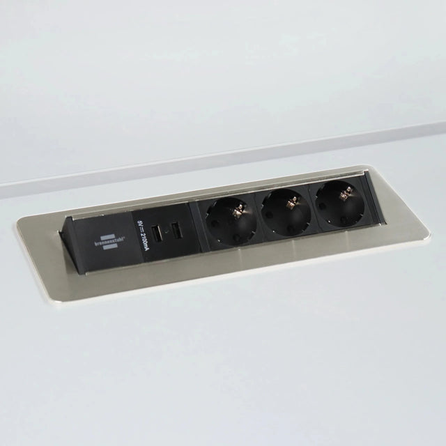 Zubehör ELDUSB0 als silberne Steckdosenleiste aus Aluminium mit drei Steckdosen und zwei USB-Anschlüssen von hjh OFFICE PRO