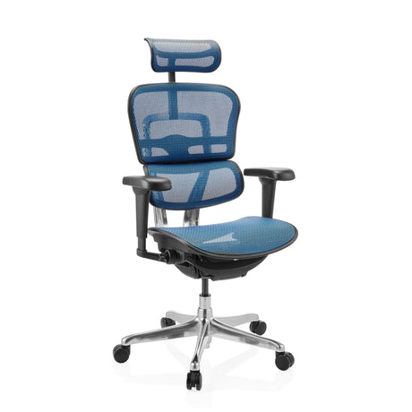 Luxus-Chefsessel ERGOHUMAN ULTRA GEN2 mit blauem Netzbezug, Kopfstütze und silbernem Fußkreuz von hjh OFFICE