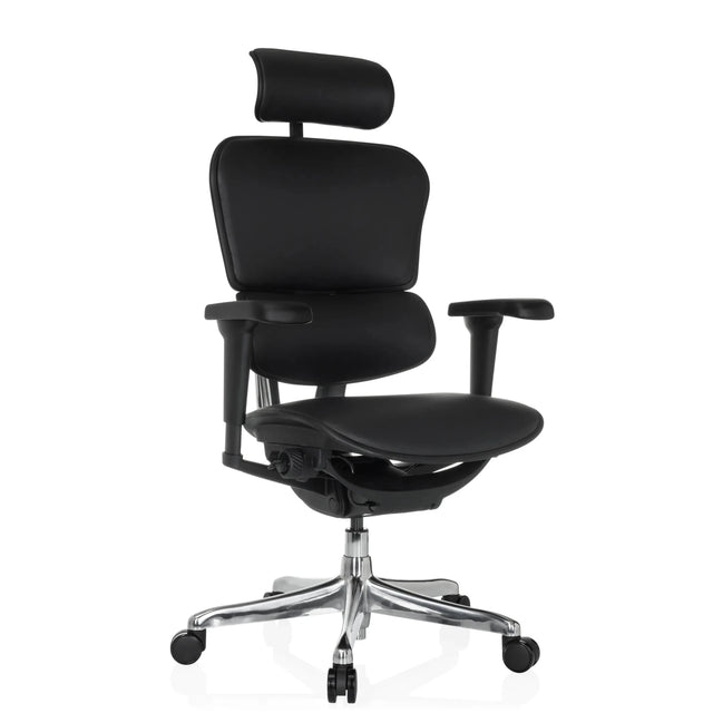 Luxus-Chefsessel ERGOHUMAN ULTRA L GEN2 mit schwarzem Lederbezug, Kopfstütze und poliertem Fußkreuz von hjh OFFICE