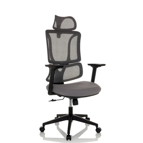 Homeoffice-Bürostuhl ERGOMY mit grauem Netzbezug, schwarzem Rahmen und Kopfstütze von MyBuero