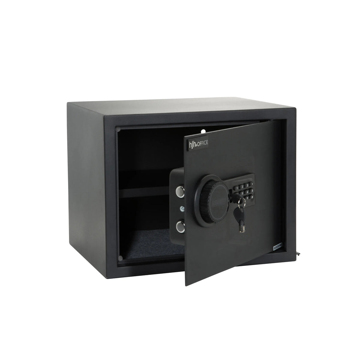 Schwarzer Tresor SAFE COMPACT mit digitalem Tastenschloss und Drehgriff von hjh OFFICE – 360-Grad-Ansicht (schräge Rückenansicht 120°)