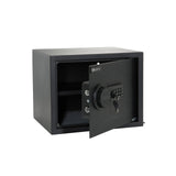 Schwarzer Tresor SAFE COMPACT mit digitalem Tastenschloss und Drehgriff von hjh OFFICE – 360-Grad-Ansicht (schräge Rückenansicht 120°)