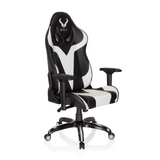 Schwarz-weißer Gamingstuhl PROMOTER I mit Armlehnen und Fußkreuz mit fünf Rollen von hjh OFFICE – 360-Grad-Ansicht (schräge Frontansicht 40°)