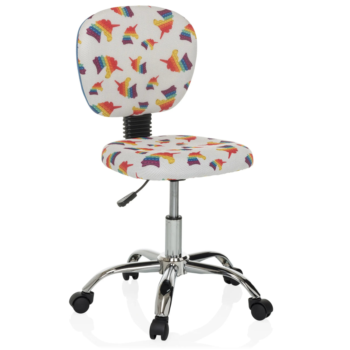 Kinderdrehstuhl KID BUBBLE mit buntem Regenbogen-Motiv und Fußkreuz mit fünf Rollen von hjh OFFICE – 360-Grad-Ansicht (schräge Frontansicht 30°)