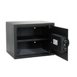 Schwarzer Tresor SAFE COMPACT mit digitalem Tastenschloss und Drehgriff von hjh OFFICE – 360-Grad-Ansicht (schräge Rückenansicht 240°)