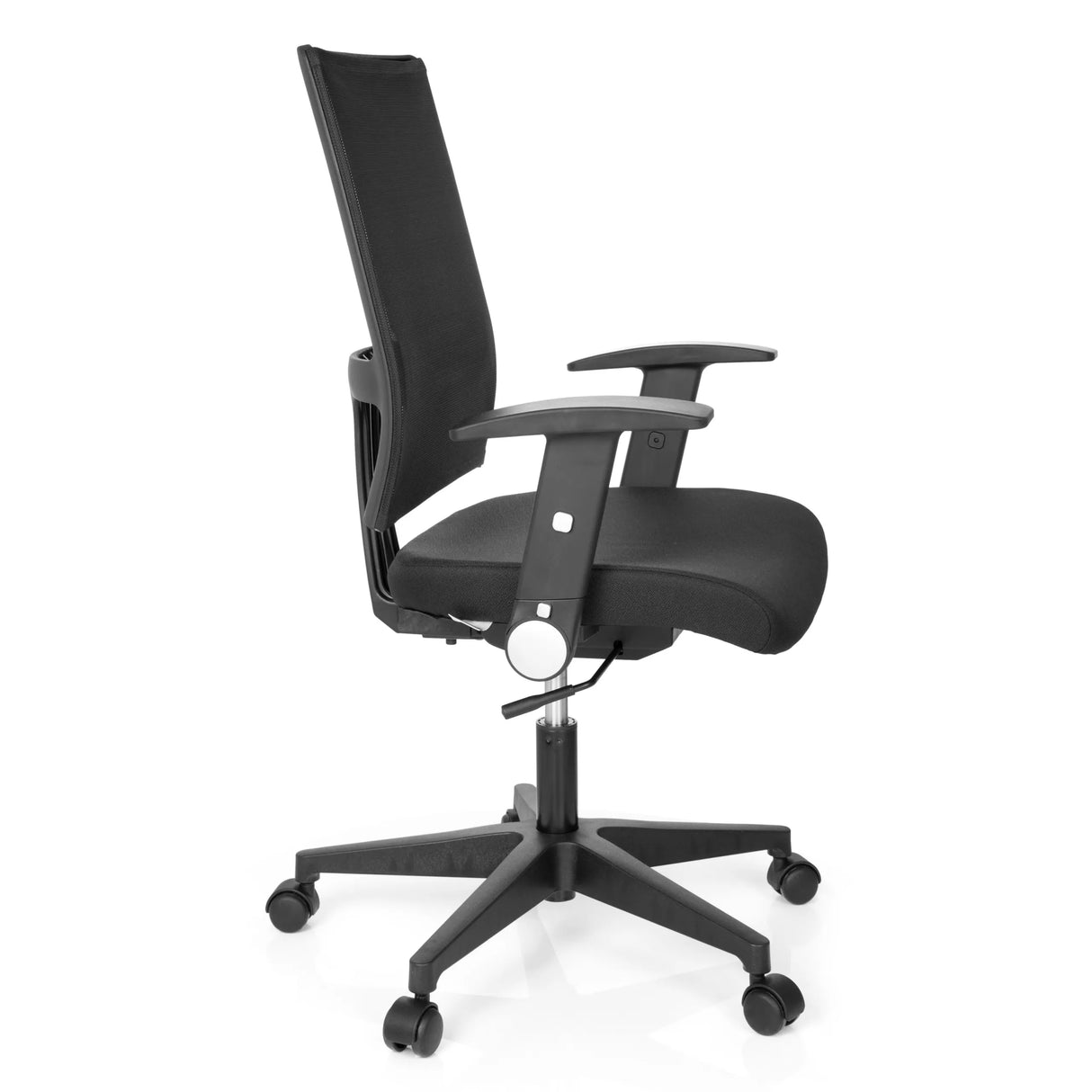 Schwarzer Homeoffice-Bürostuhl OFFICE R8 mit Netzrücken und Fußkreuz mit fünf Rollen von hjh OFFICE – 360-Grad-Ansicht (Seitenprofil 80°)