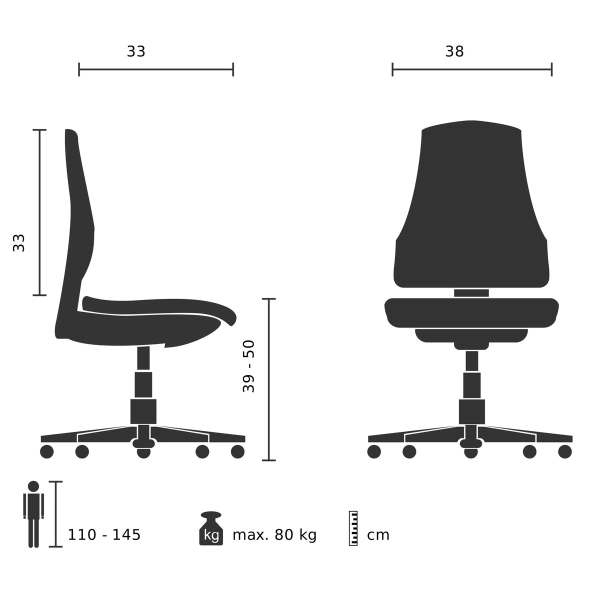 Technische Zeichnung des Kinderdrehstuhls KIDDY BASE I mit einer Breite von 38 cm von hjh OFFICE