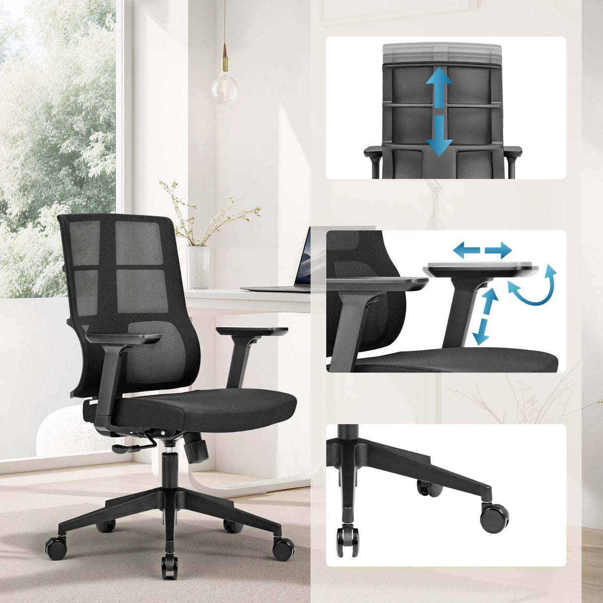 Verstellbare Funktionen des Profi-Bürostuhls SPINIO mit Armlehnen und Gasfeder von hjh OFFICE