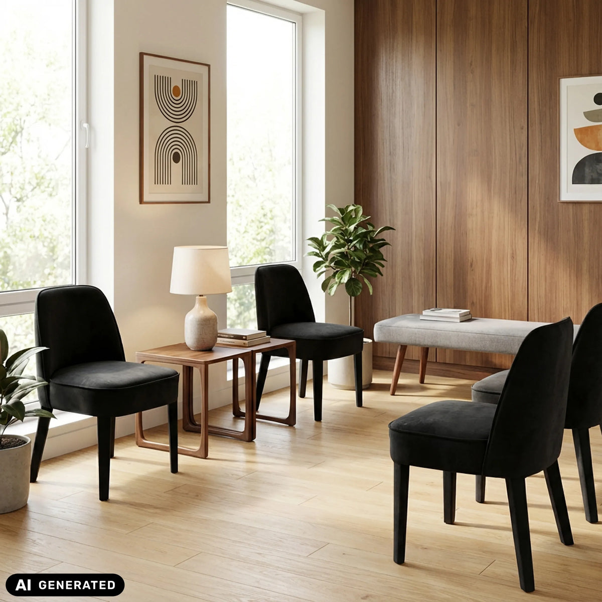 Schwarze Polsterstühle Chelsea UP1 in einem modern eingerichteten Raum von Grospol (KI-generiertes Bild)