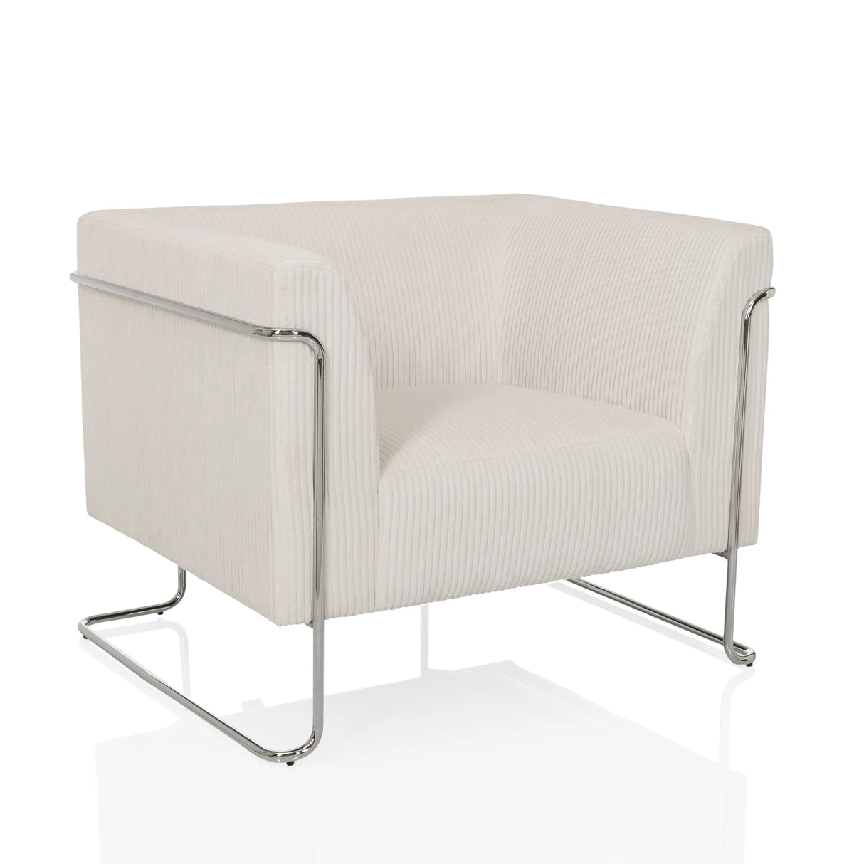 Weißer Loungesessel Curacao Cord mit geripptem Bezug und verchromtem Gestell von hjh LIVING – 360-Grad-Ansicht (schräge Frontansicht 30°)