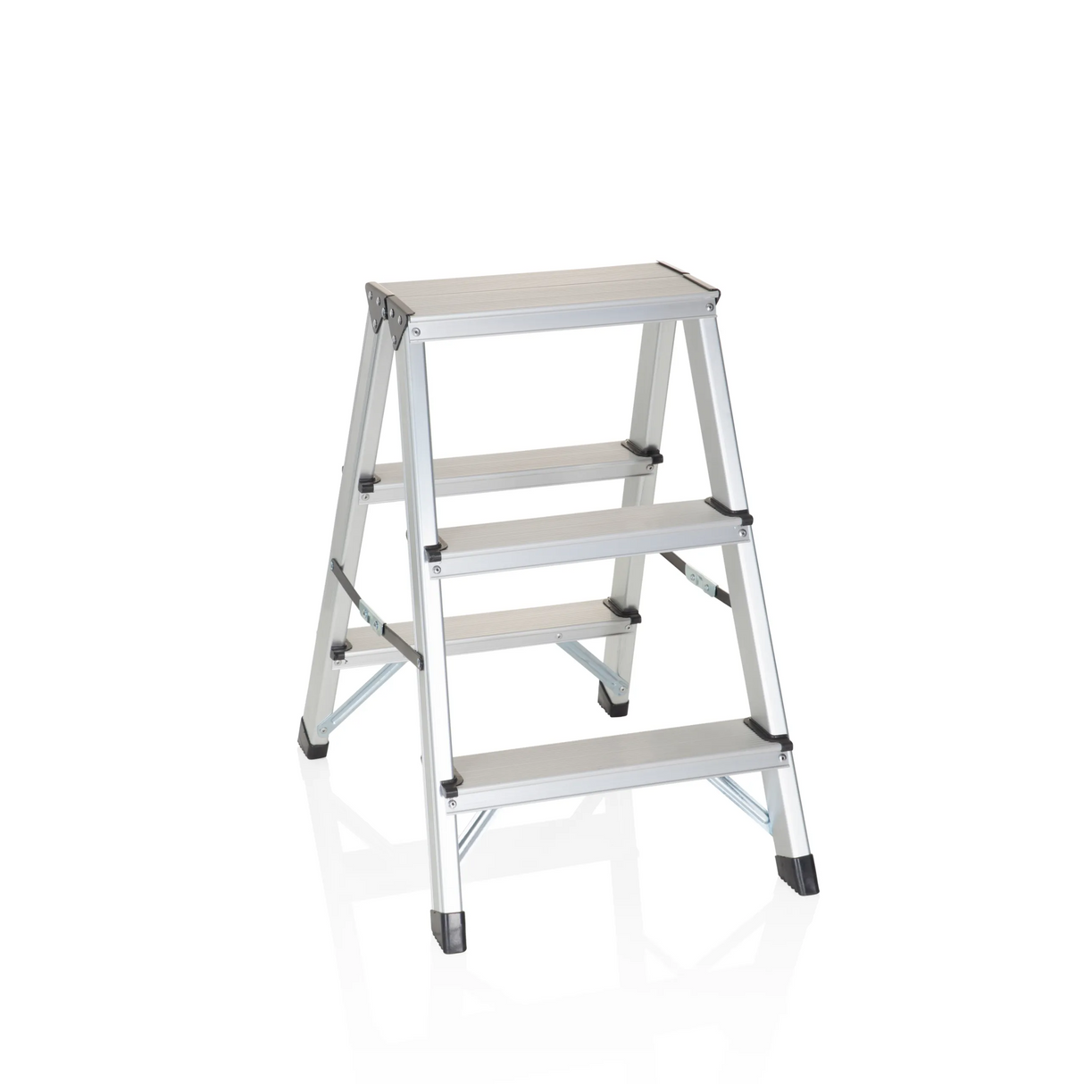 Silberne Klappleiter SOLID aus Aluminium mit drei Stufen von hjh OFFICE – 360-Grad-Ansicht (Frontansicht 20°)